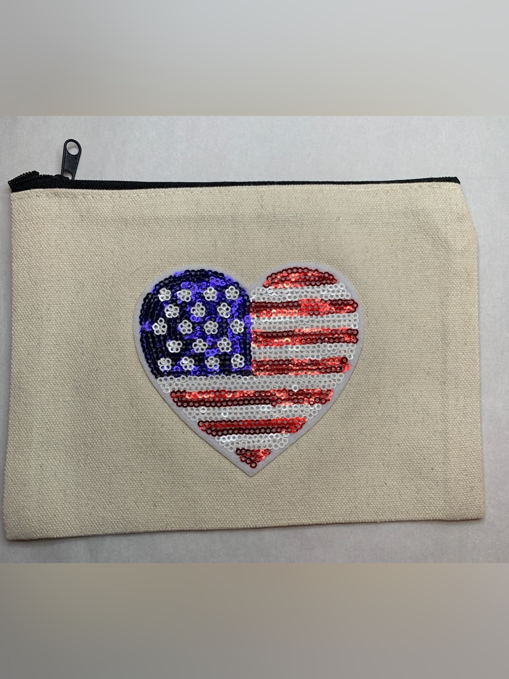 Sequin American Flag Heart on Canvas Zip Pouch - Cream